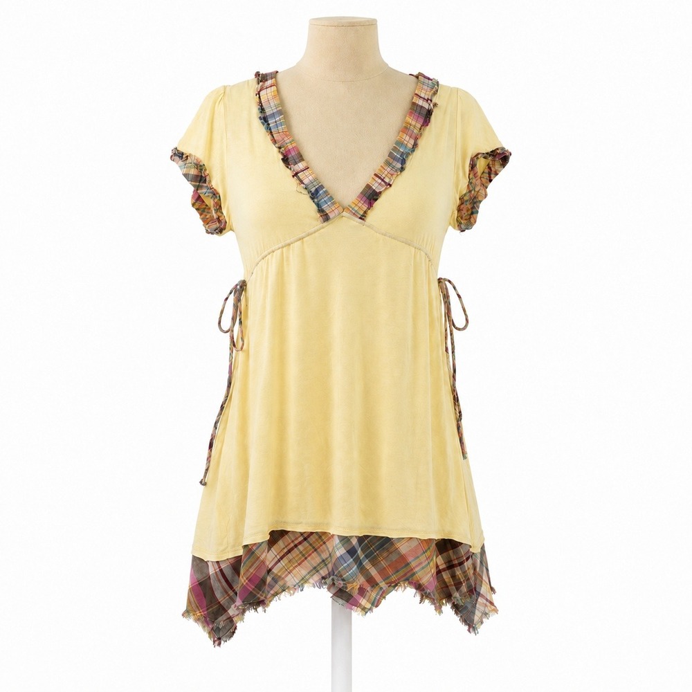 Y2K Anthropologie Plaid Ruffle Babydoll Top Size M Butter Yellow Cottagecore